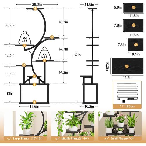 Plant Stand Indoor with Grow Lights - 62 Tall Plant Shelf, Lighted Corner Plant Stands for Indoor Growing, 8 Tiered Large Flower Holder, S-Shaped Plants Rack for Living Room, Patent Design, Black