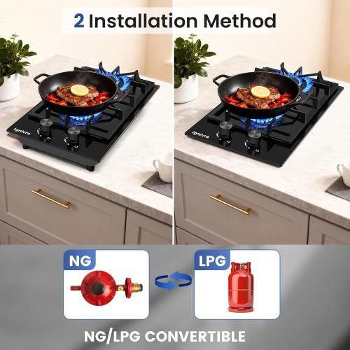 Gas Cooktop 2 Burner,12000W Built-in Gas Stove, Black Crystal Tempered Glass Propane Cooktop, 20.08x12.2 Top Propane Stove Indoor LPG/NG Dual Fuel Hob for Apartment Kitchen RV