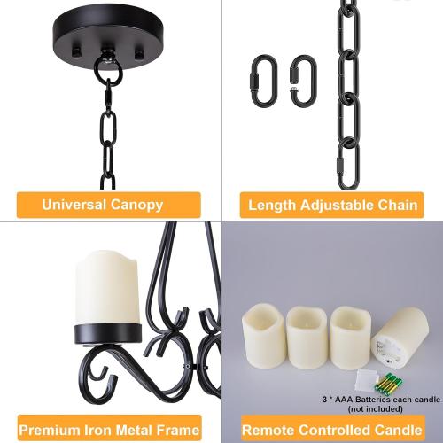 Battery Operated Chandelier, Outdoor Chandelier with 4pcs Battery Operated Led Candles, Hanging Candle Chandelier Lights Outdoor for Gazebo, Pergola, Patio, Canopy, Porch, Tent Decor