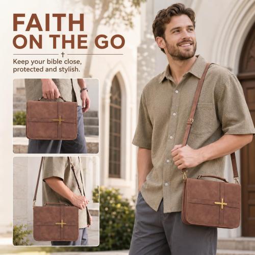 PU Leather Bible Cover, Men & Women, Cross Design & Pockets, Brown