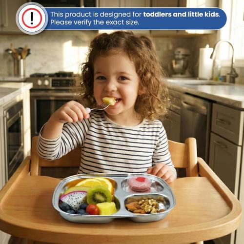 Korean Stainless Steel Divided Plates for Toddlers, Kids, Babies, Premium 304, Electro-Polished, No Black Residue, BPA-Free, 3-Compartment Plate, Food Tray for Camping, Balanced Meals, Set of 2