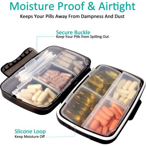 Travel Pill Organizer Large Portable Medication Organizer, Fullicon Oversize 8 Compartment Pill Box, Vitamin Travel Case Pill Holder - Airtight & Moistureproof (Blue)