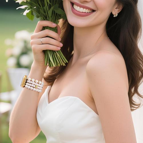 V-MORO Compatible with Apple Watch Band Pearl Series 11/10/9/8/7 42mm 41mm 40mm 38mm Women Fashion Handmade Beaded Elastic Strap Dressy Stretch Bracelet for iwatch SE Series 6/5/4/3/2/1-White/Gold