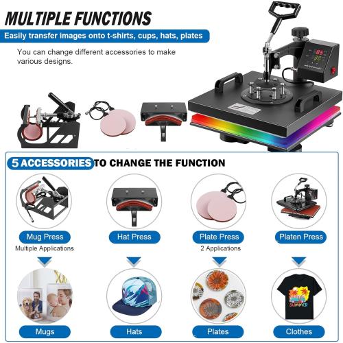 5 in 1 Heat Press Machine, Heat Press 15x15 inch, T Shirt Pressing Machine Slide Out Design, Multifunction Heat Press Transfer Machine Sublimation Combo for T-Shirt/Hat/Mug/Plate