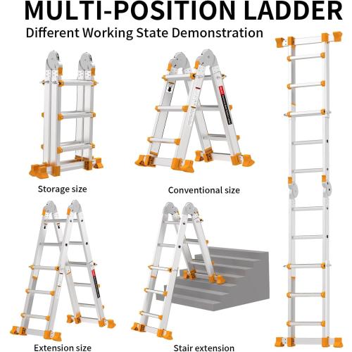 Silver Valeo Ladder 11FT, Multi Position 3 Step Ladder Extension, Anti-Slip A Frame Folding Ladder with Removable Tool Tray, 330lbs Adjustable Telescopic Aluminum Ladders for Stairs Home Indoor Outdoor Roof