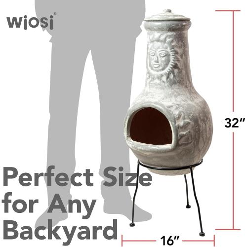 Medium Chiminea Outdoor Fireplace Grey Clay Chimineas with Chimney Rain Lids and Solid Metal Stands - Grey Terracotta Chimenea - Rustic Fire Pit Chimnea 16 x 16 x 32-inch