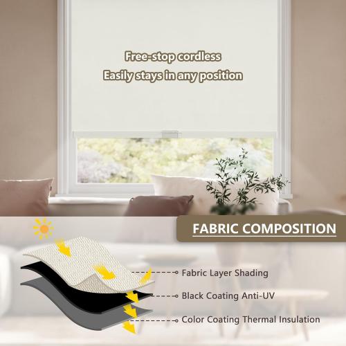 Cordless Blackout Roller Shades Blinds for Windows Free-Stop,Pull Down Room Darkening with Valance,Thermal Insulated Woven Fabric Window Door Blinds for Home,Office,Beige 47 W x 72 L