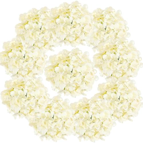 Auihiay 10PCS Hydrangea Artificial Flowers, Faux Champagne Flowers for Wedding Centerpieces, DIY Bouquets, Bridal Shower, Floral Decor Home Decoration with Stems (VASE NOT Included)