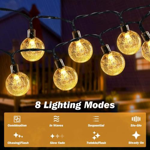 USOKYO Solar Lights Outdoor Waterproof, 2 Pack Total 120LED 72FT Solar String Lights for Outside with 8 Modes, Outdoor String Lights Crystal Globe Patio Lights for Garden Yard Party Decor (Warm White)