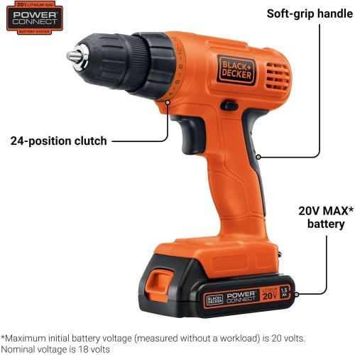 BLACK DECKER 20V MAX POWERCONNECT Power Drill Cordless Drill Driver Electric Screwdriver with 30 Piece Bit Set and Drivers Kit, Battery and Charger Included (LD120VA)