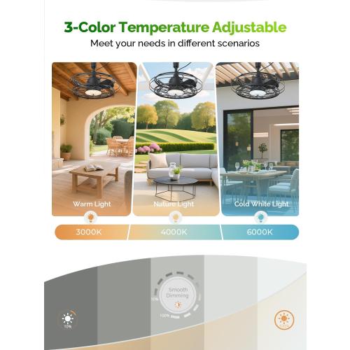 Orison Outdoor Ceiling Fan with Light, 21 Gazebo Fans Outdoor Hanging, Plug in Ceiling Fan for Pergolas Canopy Patio, Waterproof Outdoor Fans with Remote/APP Control, Wet Rated