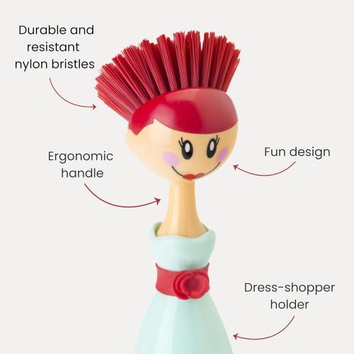 Vigar Dolls Dish Brush with Ergonomic Handle and Dres-shaped Storage Holder - Scrub Brush for Pans, Pots, Kitchen Sink Cleaning, Blue/Pink