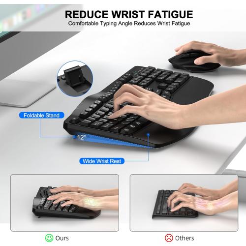 Wireless Keyboard and Mouse Combo, 2.4G Full Size Wave Keys Ergonomic Keyboard with Wrist Rest and 3-Level DPI Adjustable Wireless Ergonomic Mouse for Windows, Mac OS Desktop/Laptop/PC(Black)