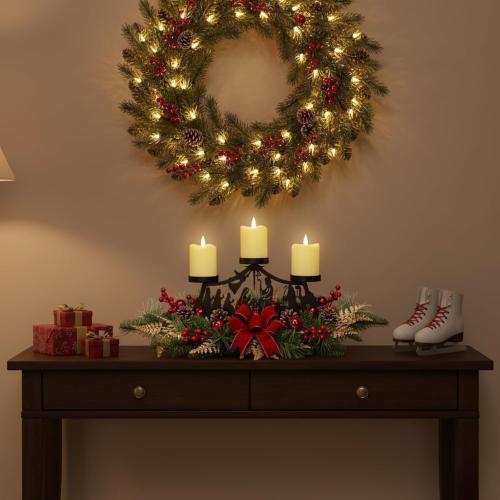 Christmas Candle Holder Christmas Decorations 3 Candle Holders with Metal Nativity Scene Black Silhouette Cedar Branches Pine Needles Berries Red Bow and Ball Ornaments for Xmas Decorations
