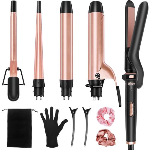 Ufree 5 in 1 Curling Iron with Interchangeable Ceramic Barrels (0.35-1.25), Curling Wand Set with Flat Iron Hair Straightener, Instant Heat Up, Dual Voltage Hair Curler, Gifts for Women