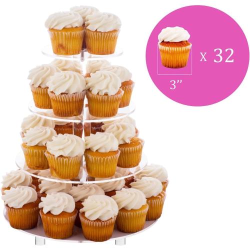 Jusalpha Large 4 Tier Cupcake Stand,Acrylic Round Cake Stand Dessert Tower Tea Party Serving Platter, Cupcake Tree Wedding Party Décor, Stand with Rod Feet (4RF)