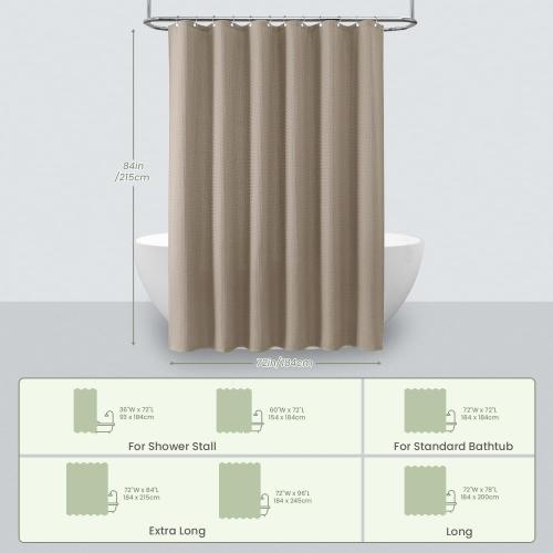 Inhousolu Fabric Shower Curtain Waffle Weave, 230 GSM Heavy Duty, Weighted Hem, 14 Metal Hooks, Water Repellent, Machine Washable, Hotel Spa Luxury Bath Curtain Set, 72 x 84 Inch, Beige