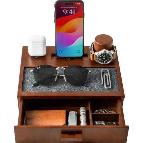 Color brown Holme & Hadfield Premium Wooden Phone Docking Station with Drawer – Nightstand Organizer for Charging Phone & Earbuds – Declutter Your Space with Felt-Lined Protection & Watch Pillar - Gift For Men