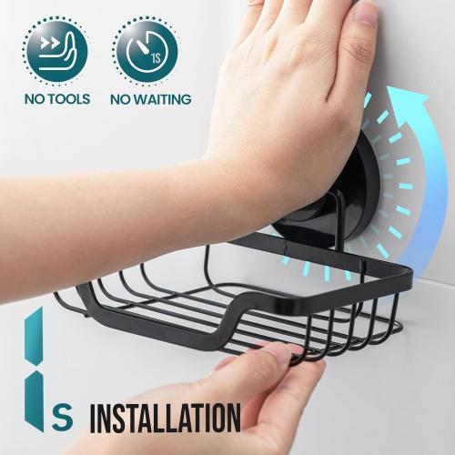 TAILI Soap Holder Dish Suction Cup, Bar Shampoo Rack for Shower Wall, Draining Soap Saver Tray for Bathroom, Rustproof Stainless Steel Sponge Holder for Tub, Kitchen, Drill-Free, Black