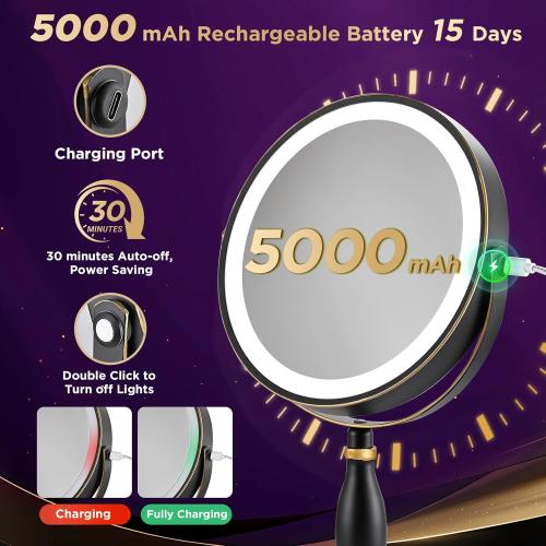 30x Magnifying Mirror with Light, Matte Black with Gold Trim, Makeup Mirror with 3 Color Lights & Brightness Adjustable, 5000mAh Rechargeable Vanity Mirror, Modern Style Side Touch   Side Charge