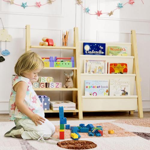 Toy Storage Organizer with Kids Bookshelf, Montessori Wooden Toy Organizer Book Shelf for Kids Rooms, Nursery, Playroom, Child, Baby, Toddler Bookcase, Toys Rack Fabric Sling Book Shelves