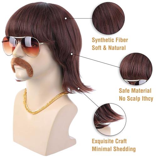 morvally 5pcs Set 70s 80s Disco Wig with Mustache Glasses and Chain | Short Brown Mens Mullet Wig for 60s Singer Rocker Hippies Costume Cosplay Halloween Party