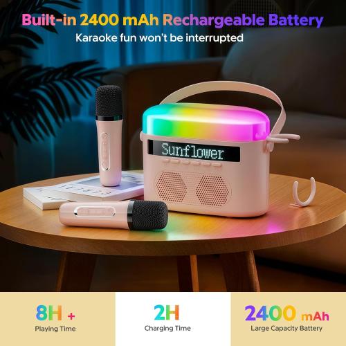 Karaoke Machine for Kids & Adults with 2 Wireless Mics 2400mAh Portable Bluetooth Karaoke Speaker with Timer White Noise & Night Light High Power Dual Speaker LED Display Home & Outdoor Party - Pink