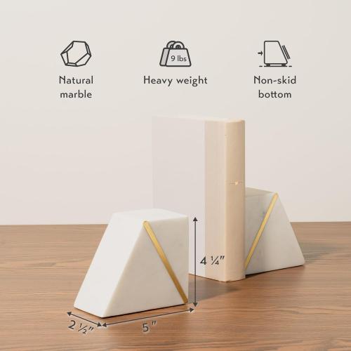 2 Pack White Marble and Gold Cork & Mill Marble Book Ends for Shelves, Decorative Bookends for Heavy Books, Unique Mid Century Modern White and Gold Bookends with Brass Inlay, Heavy Duty Bookshelf Stopper, Set of 2