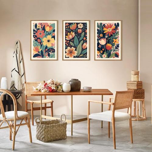KAIRNE Vintage Colorful Floral Framed Canvas Wall Art Set,Mid Century Modern Flower Wall Decor,Retro Wildflower Art Prints,Boho Botanical Artwork for Living Room,Bedroom,Farmhouse,Office-16 x24 x3