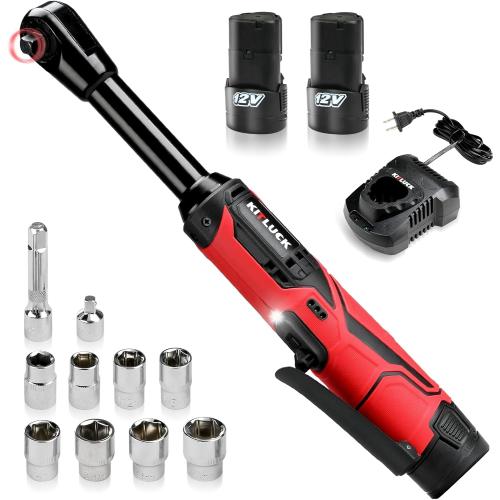 KITLUCK Cordless Electric Ratchet Wrench Set, 3/8 12V Extended Power Ratchet Tool Kit, 41 Ft-Lbs Cordless Ratchet with 8 Sockets, 1/4 adapter, LED Light, 2-Pack 2000mAh Battery And Charger