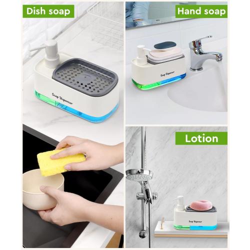 Hand and Dish Soap Dispenser Set for Kitchen, Dual Soap Dispenser with Sponge Holder, 3-in-1 Countertop Soap Pump Dispenser for Kitchen Sink, Useful Kitchen Gadgets - White