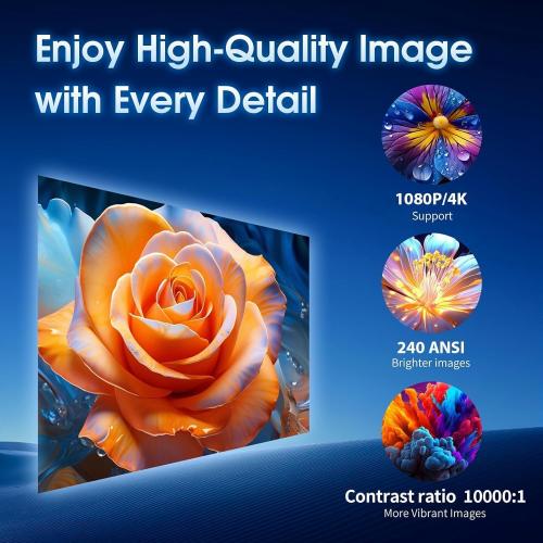 Mini Projector with WiFi and Bluetooth Built-in Apps Smart Projector Support 4K 1080P FHD 180° Adjustable Auto Keystone Compatibile with HDMI/TV Stick/Memory Stick/Laptop, White