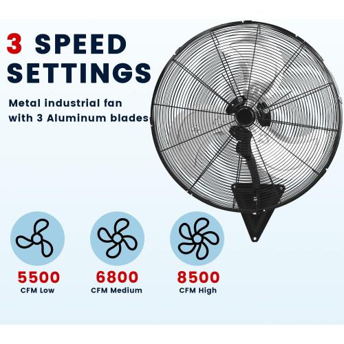 Yellow blade 24 Inch Wall Mount Fan, Heavy Duty Oscillating Wall-Mounted Fan with 8500 CFM, High Velocity 3 Speed Fans Indoor with Adjustable Tilting for Workshop, Garage, Patios, Commercial and Industrial