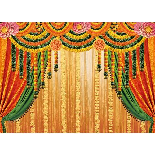Indian Pooja Traditional Backdrop Indian Religious Festival Marigold Yellow Curtain Background Diwali Puja Ganpati Pooja Mehndi Wedding Party Decoration 7x5FT