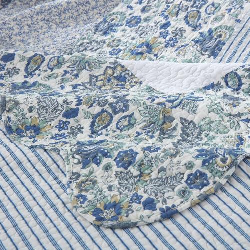 Cotton Bedspread Quilt Bedding Sets 3 Pieces Reversible Coverlet Sets Comforters Vintage Floral Patchwork Blue Bedspread (Blue Vintage Floral, Queen Size)
