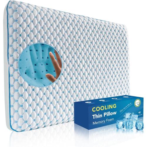 Thin Pillow for Sleeping, Cooling Gel Flat Pillow for Stomach and Back Sleepers, Ultra Slim Stomach Sleeping Pillows for Shoulder Neck Pain Relief, Low Profile Memory Foam Pillows 2.25-inches