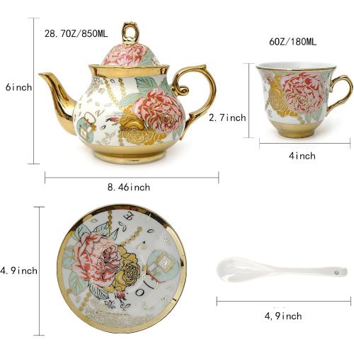 CHANJOON Gold Plated Red Rose Ceramic Tea Set, Vintage Teapot, Beautiful Tea Set Coffee Serving 6 People (Golden, large)