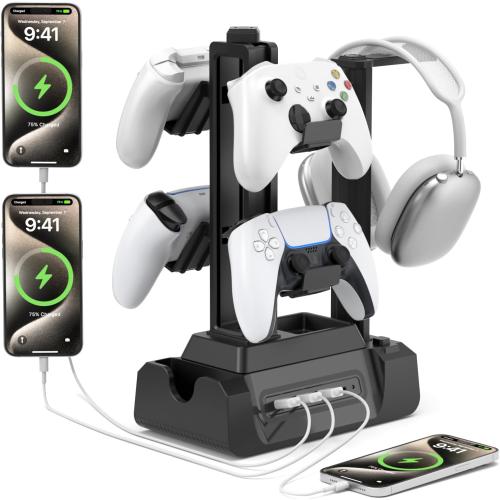 KDD Charging Station for Multiple Devices - 4 Ports Charging Dock with Controller and Headset Stand - 3 USB A & 1 USB C for Cellphone Tablet and Other Electronic - Multi Storage for Gaming Accessories