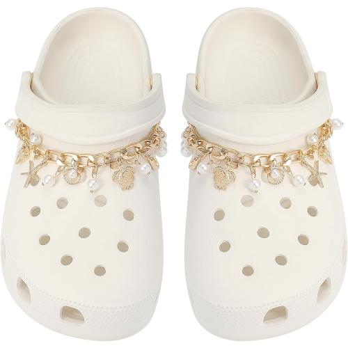 2Pcs Bling Ocean Shoe Chains for Girls Summer Sandals, Golden Turtles, Shells Shoe Charms for sandals, DIY Shoe Decoration Charms, Party Favor
