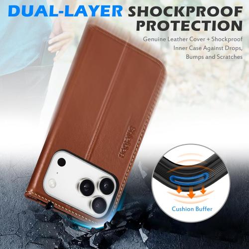 SHIELDON Genuine Leather Wallet Case for iPhone 17 Pro 6.3 2025 | Flip Cover | Magnetic Closure | RFID Blocking Credit Card Holder | Kickstand | Shockproof Phone Cover | Retro Brown