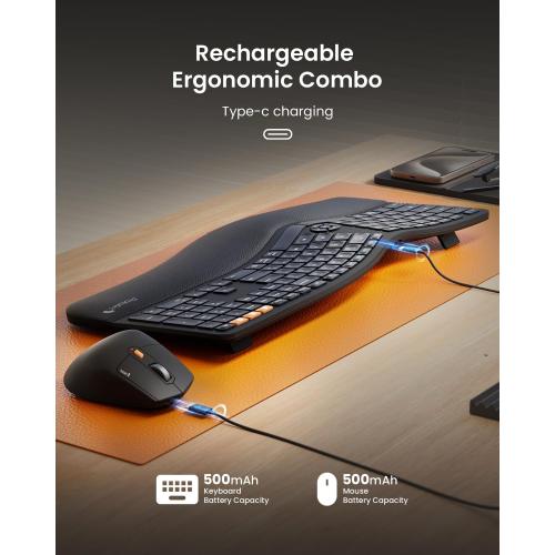 ProtoArc EKM01 Plus Wireless Ergonomic Keyboard Mouse Combo - Black | Full-size Split Keyboard with Cushioned Wrist Rest, Ergonomic Mouse, 3-Device Bluetooth/2.4G, USB-C Rechargeable