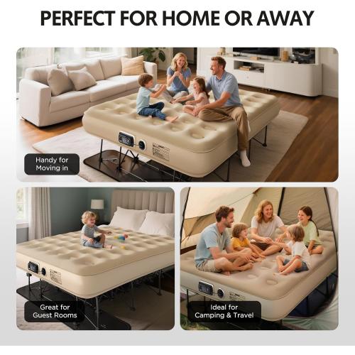 Simpli Comfy Queen EZ Bed Self-Inflating Air Mattress with Built-in Frame, Pump and Wheeled Case, Blow Up Inflatable Rolling Air Bed on Wheels