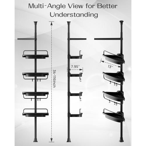 ALLZONE Corner Shower Caddy Tension Pole, Extendable Rustproof Stainless Steel Pole & 4-Tier Adjustable Shelves for Easy Drainage and Built-to-Last Stability, 34 to 116 Inch, Black