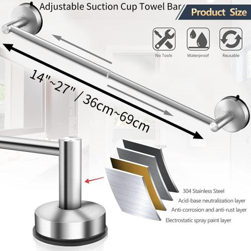 DGYB Adjustable Suction Cup Towel Bar for Bathroom 14 Inch ~ 27 Inch Brushed Nickel Towel Rack Stainless Steel Bath Towel Holder for Glass Shower Door