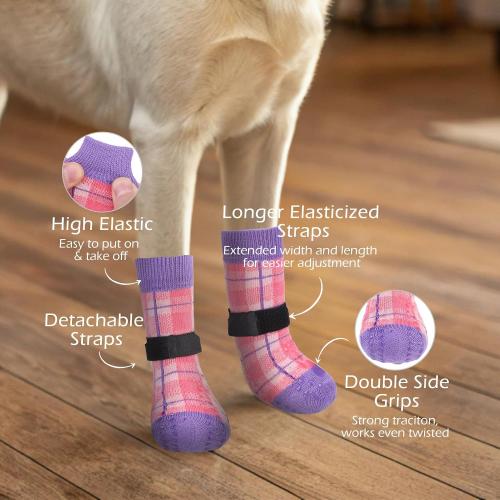 EXPAWLORER Dog Socks to Prevent Licking Paws,4 Pcs Double Sided Anti Slip Dog Socks with Grippers,Dog Shoes Grips for Hardwood Floors,Dog Booties for Small Medium Large Senior Dogs,Pink Purple XL
