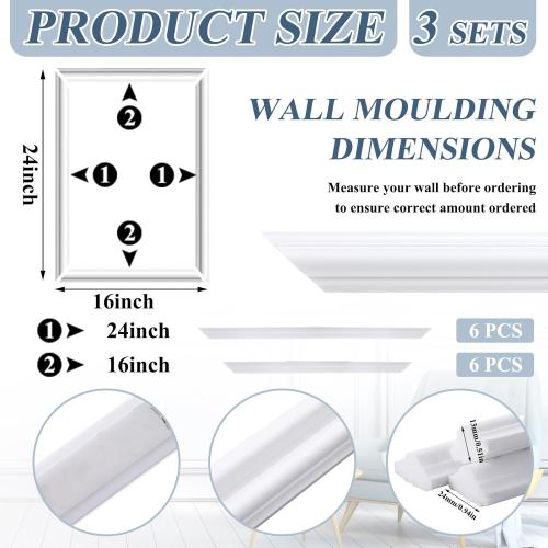 3 Set Accent Wall Molding Kit Premade Wainscoting Panels Wall Molding Peel and Stick Panel White Pre Cut Trim for Walls Picture Frame Molding for Home Decoration(16 x 24 Inch)