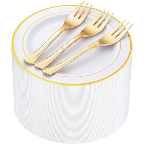 WELLIFE 240 Pcs Disposable Dessert Plates with Gold Plastic Forks, 120 White 6.5 Inch Appetizer Cake Salad Plates with Gold Rim, Party Tableware Set for 120 Guests, Wedding, Birthday, Catering