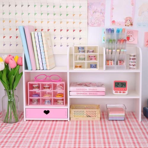 Cute Bookshelves Cute Bookshelf for Desk Kawaii Desk Organizer with Drawer Office Desk Organizers and Accessories Storage Home Decor Display (Pink)
