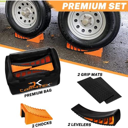 CARMTEK Camper Leveler Premium Kit - Curved RV Levelers with Camper Wheel Chocks, Rubber Mats and Carry Bag | Faster Camper Leveling Than RV Leveling Blocks