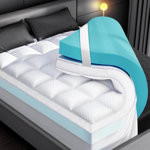 Dual Layer Memory Foam Mattress Topper for Pain Relief with 2X Support, 2 Fluffy Pillow Top Queen Mattress Topper Plus 2 Odor-Free Cooling Gel Memory Foam Ultra Comfort Mattress Pad Cover